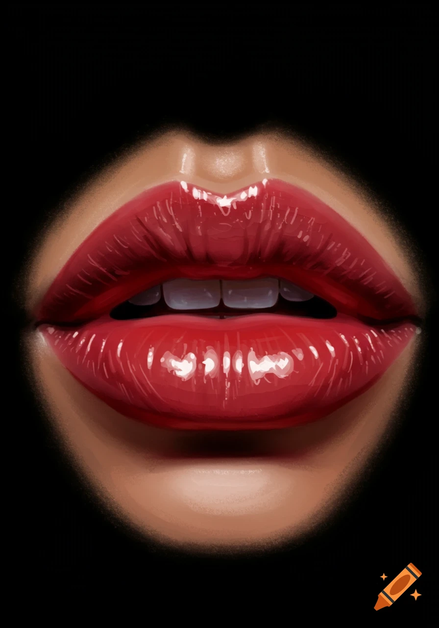 A close-up, stylized digital painting of plump, glossy red lips with visible teeth, set against a black background.