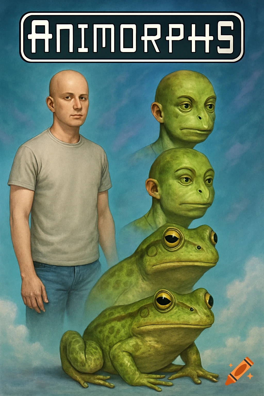 A bald man stands as he transforms into a green frog, with intermediate stages shown. The title "ANIMORPHS" is at the top.