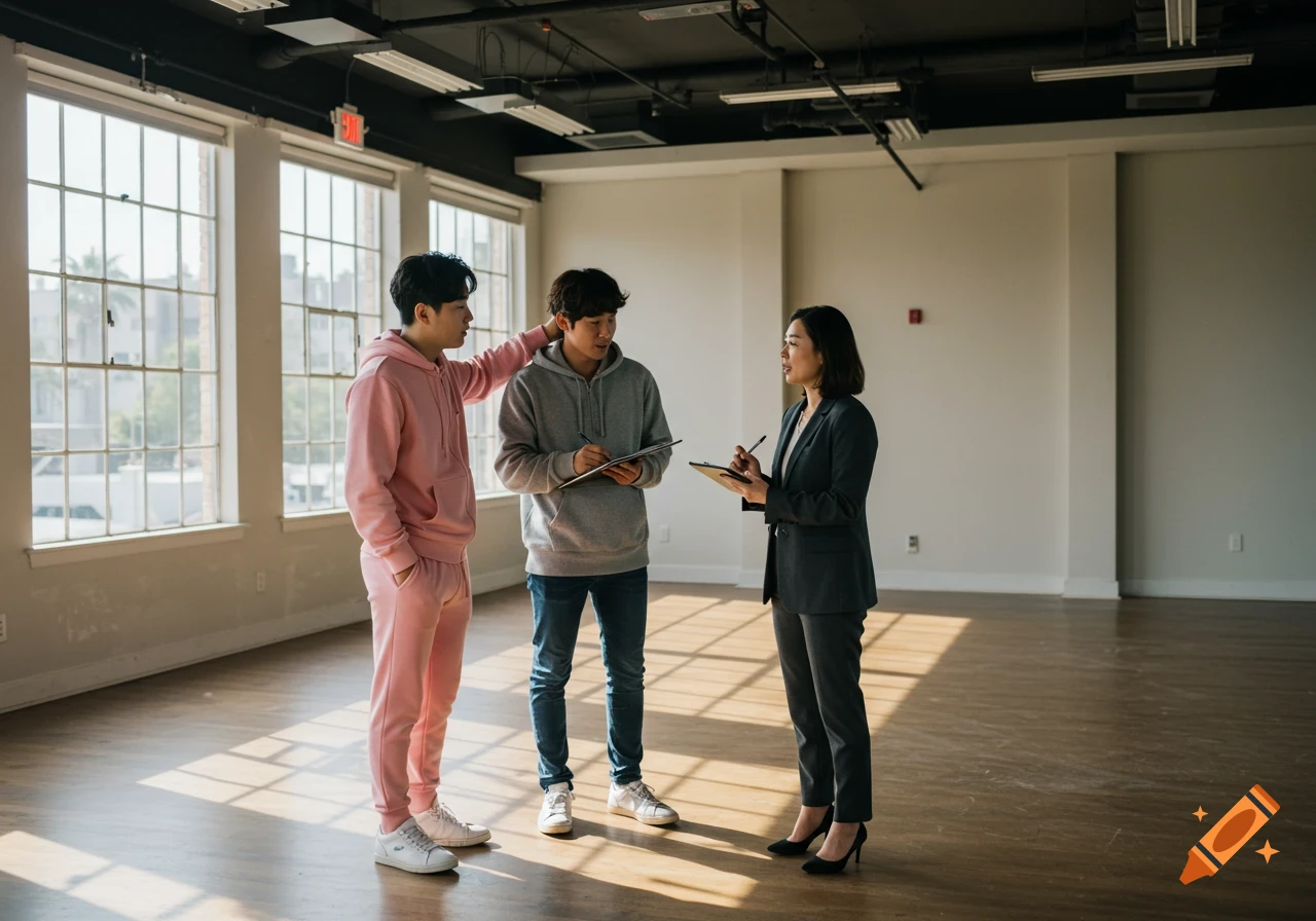 A real estate agent in a suit shows an empty venue with large windows to a couple, one in a pink tracksuit and the other in a gray hoodie.