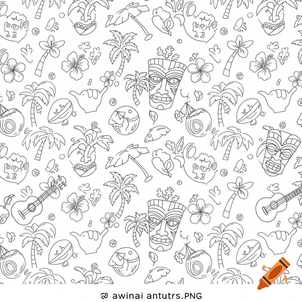 Seamless repeating pattern of Hawaiian line art elements including tiki masks, palm trees, hibiscus, ukuleles, and surfboards.