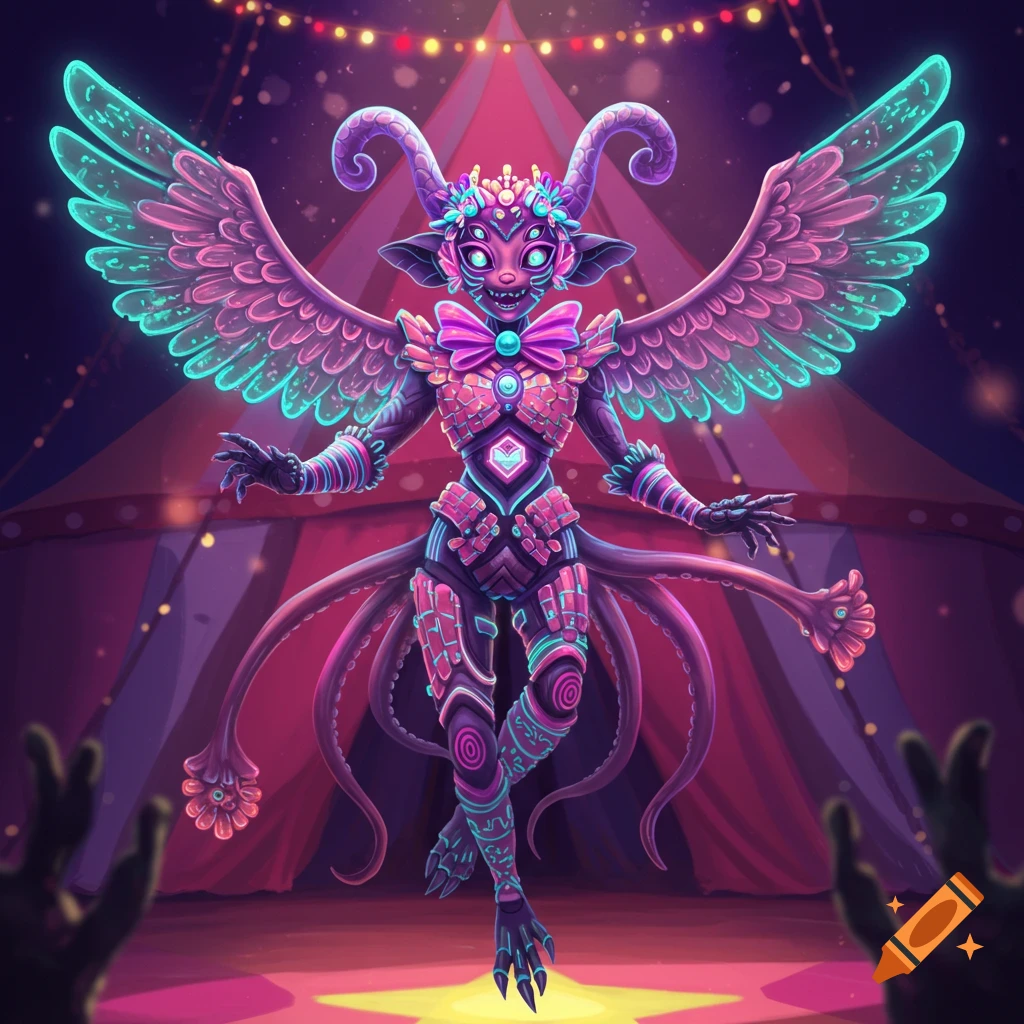 A vibrant, neon-colored fantasy creature with horns, wings, and multiple eyes, wearing a bow tie, performing on a circus stage.