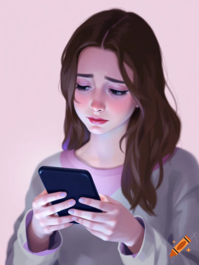 An illustration of a young woman with brown hair looking sadly at her phone, her face lit by the screen.