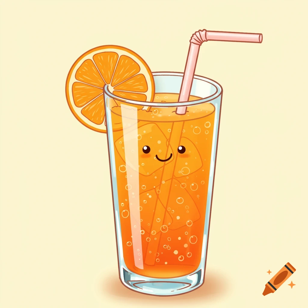 A cute cartoon glass of orange juice with ice, an orange slice, and a straw, smiling with two eyes and a curved mouth.