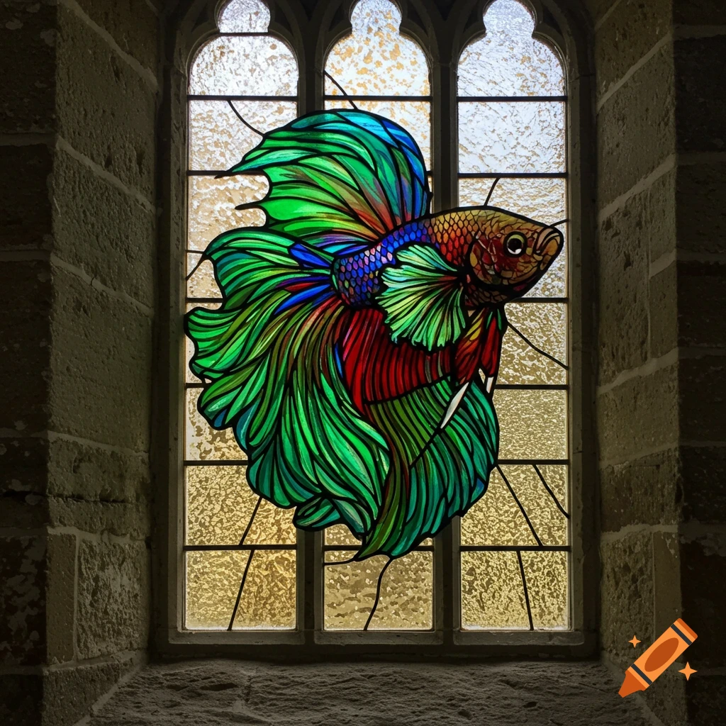 A vibrant, colorful Betta fish depicted as a stained glass artwork set within a gothic arch window.