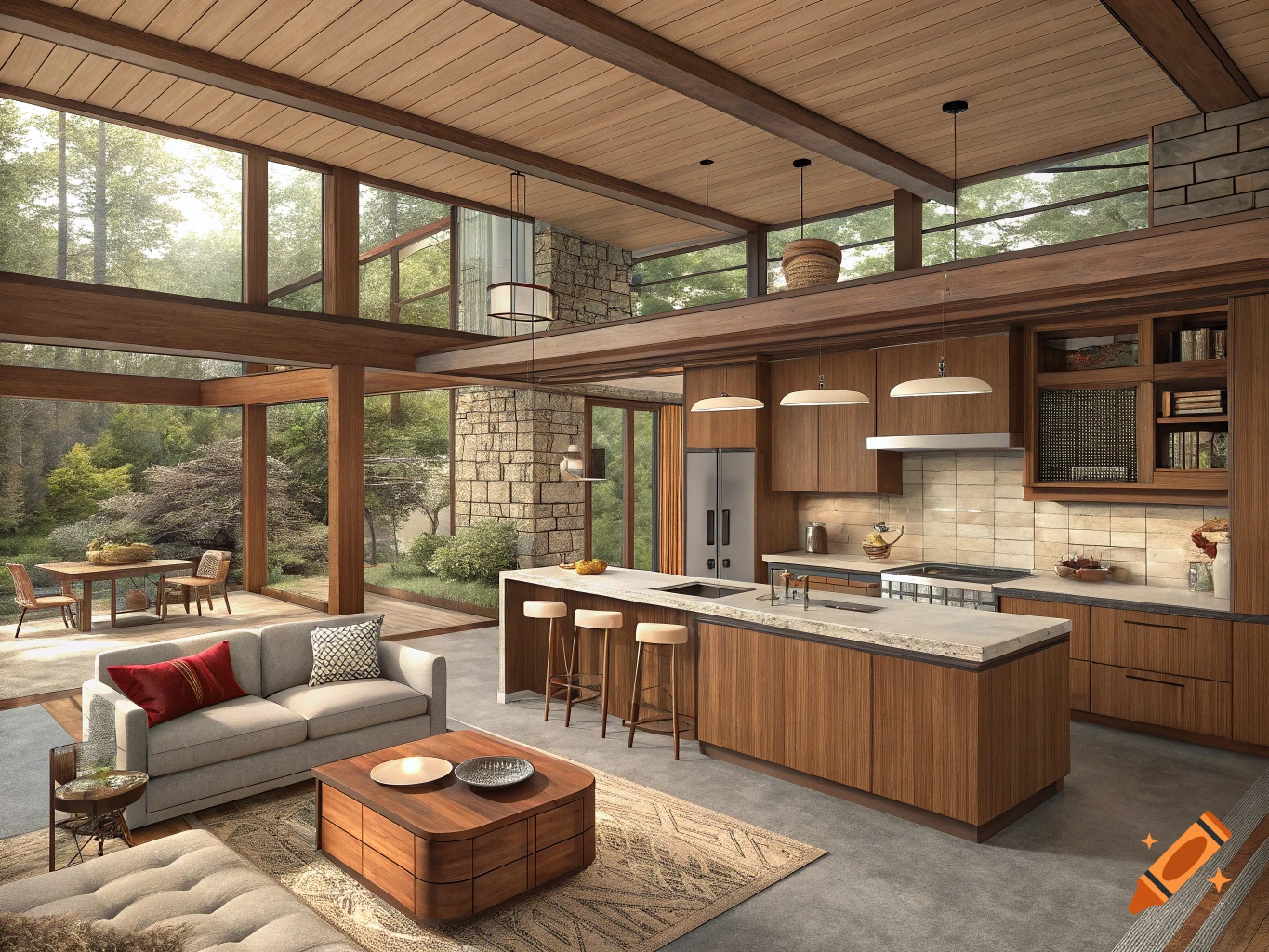 Modern open-concept kitchen and living room with large windows facing a forest. Features wood ceilings, stone, and contemporary furniture.