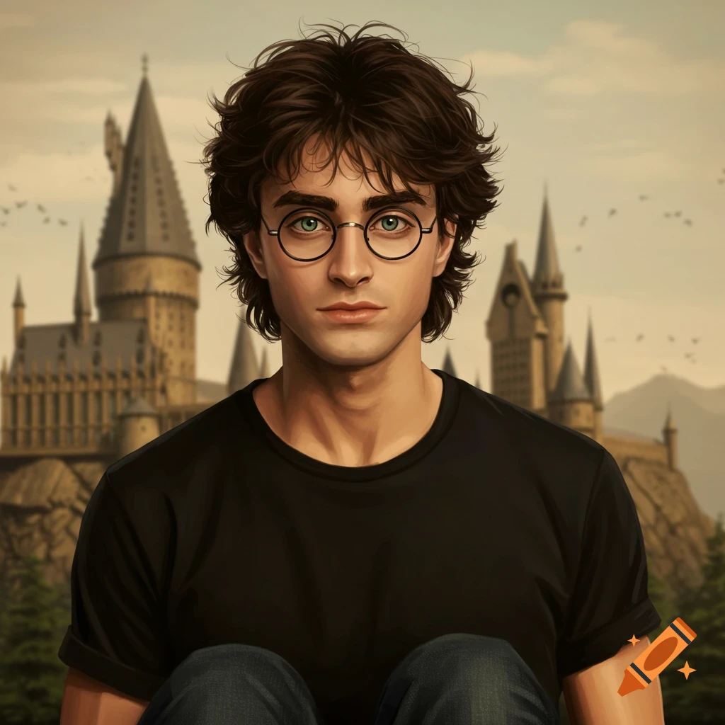 A portrait of a young man with dark, messy hair and glasses, wearing a black t-shirt, in front of a large castle.