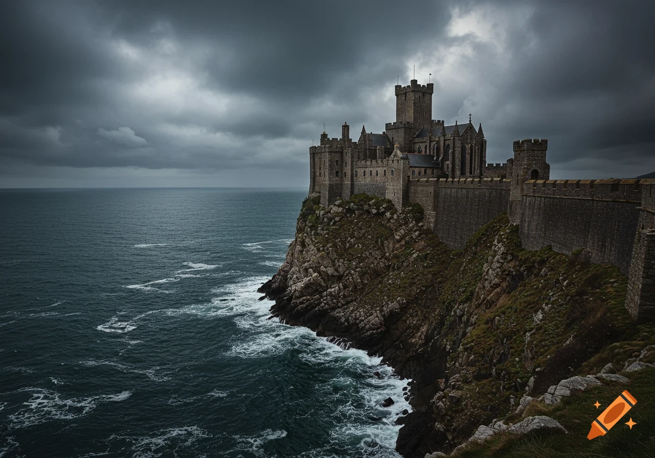 A massive, photorealistic castle stands on a rocky cliff overlooking a ...