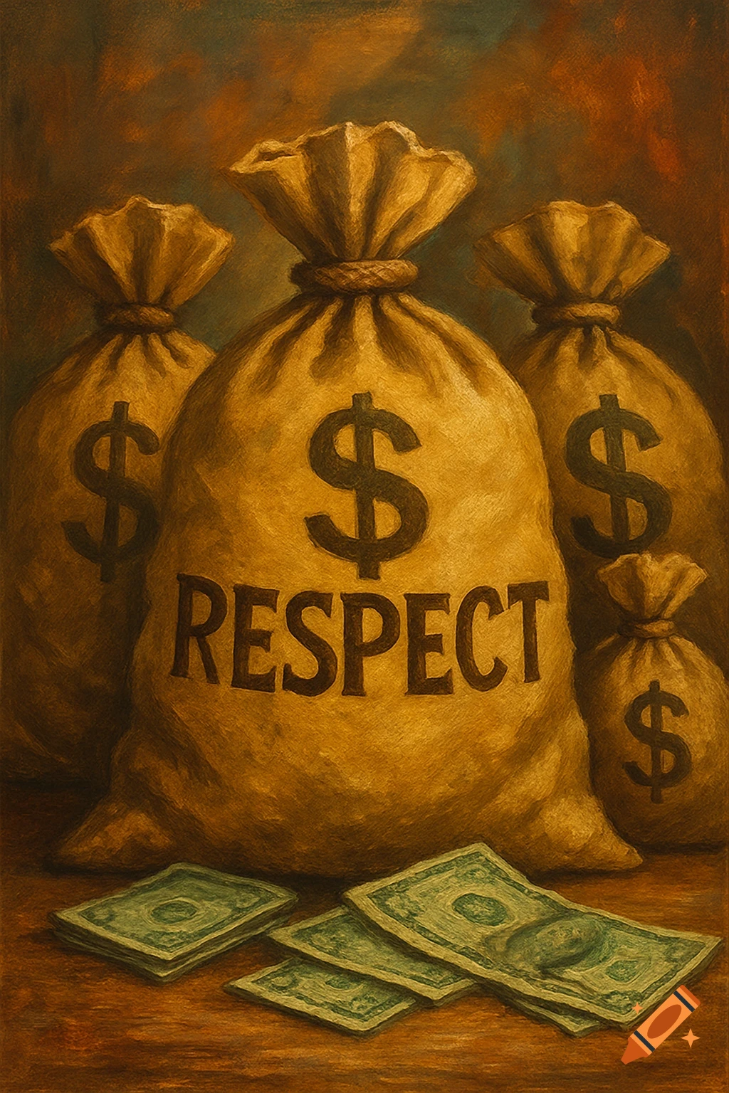 A painting featuring several golden money bags with dollar signs, the largest one having 'RESPECT' written on it, surrounded by scattered green dollar bills.