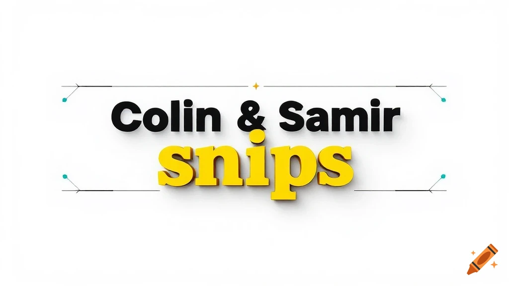 A 3D text logo for "Colin & Samir snips" with "Colin & Samir" in black and "snips" in yellow, on a white background with minimalist black lines and teal dots.