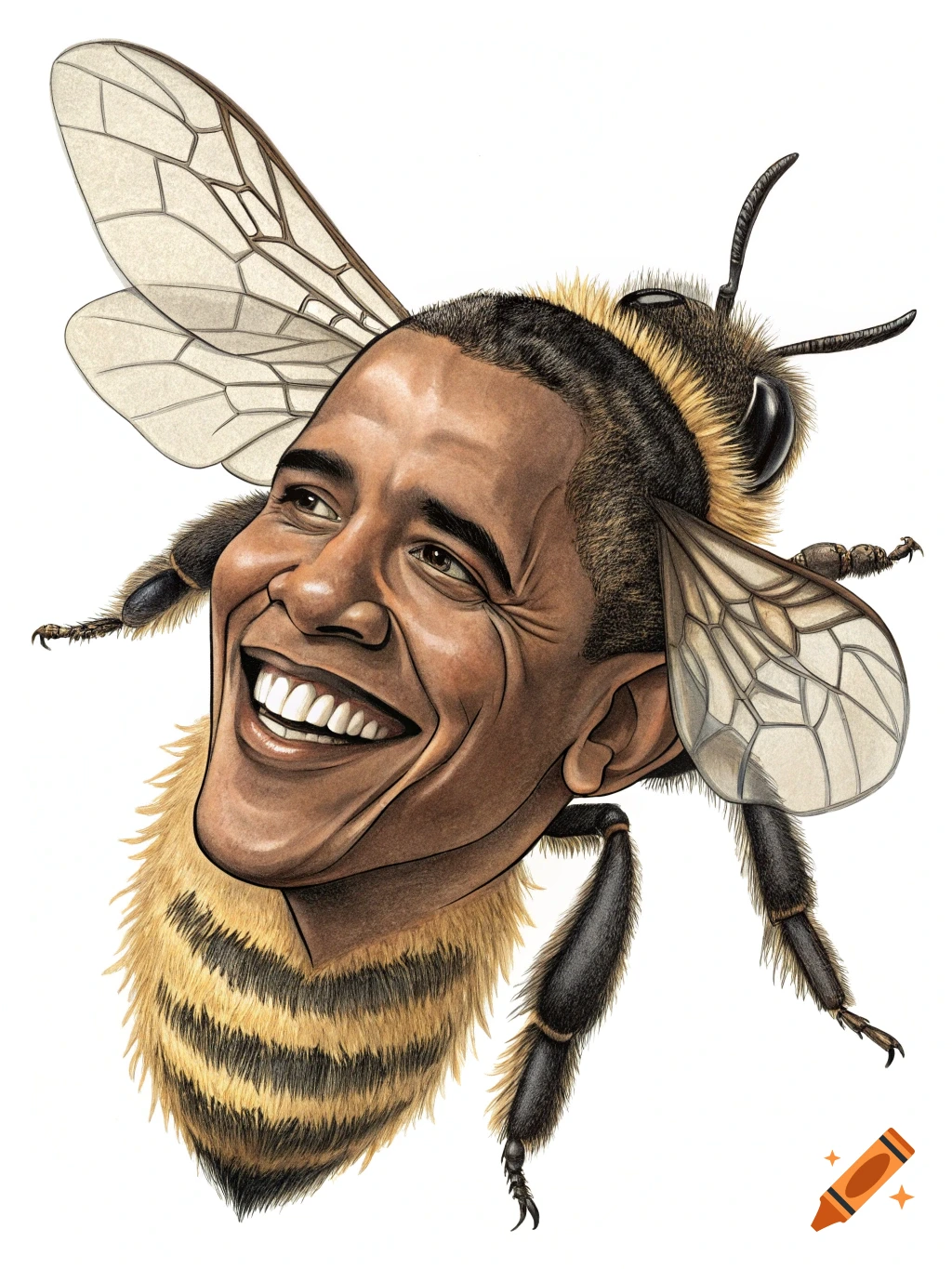 A whimsical illustration of former President Barack Obama's smiling face merged with a bee's body.
