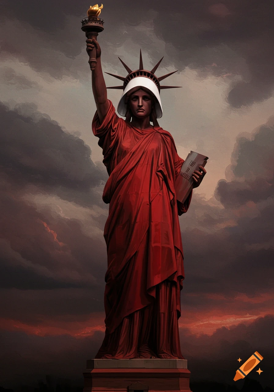 A red-robed Statue of Liberty wearing a white handmaid's bonnet, holding a torch and a tablet, under a dark, cloudy sky.