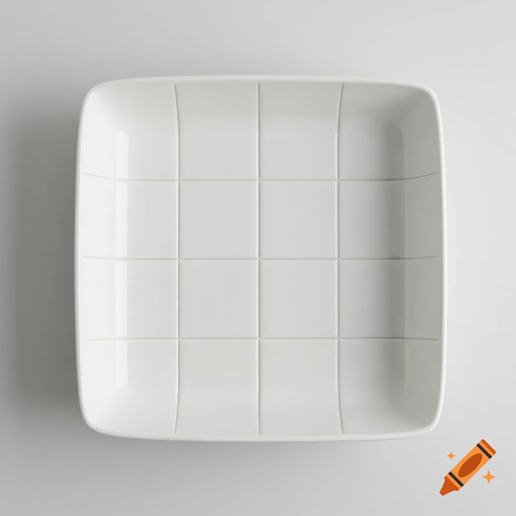 A white square porcelain dish with a 4x4 grid pattern on its surface, viewed from directly above.