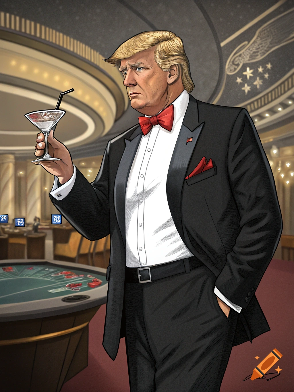 An illustration of Donald Trump in a tuxedo holding a martini glass in a casino, looking to the side.
