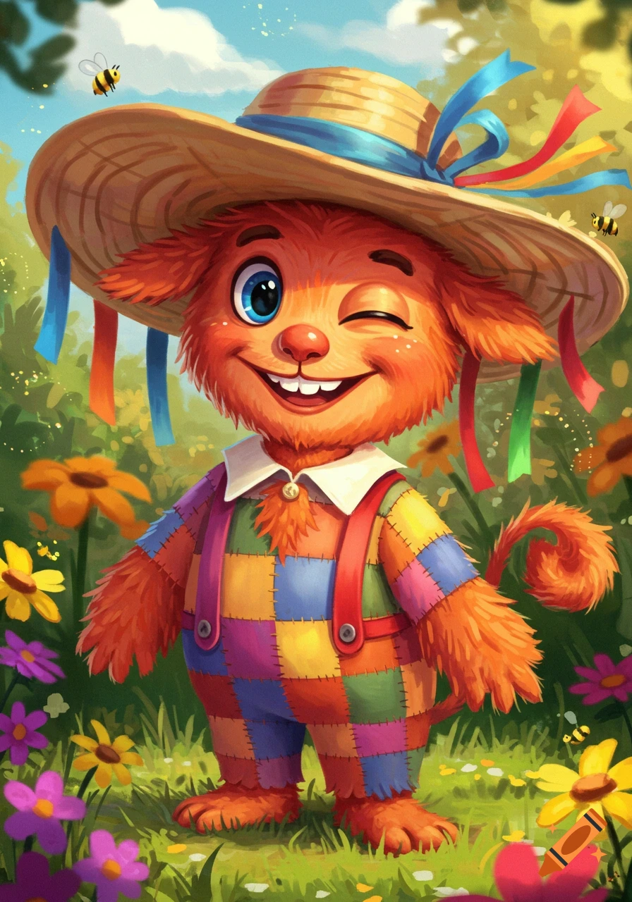 A cute, winking orange furry creature wearing a straw hat and colorful patchwork overalls stands in a field of flowers with bees.