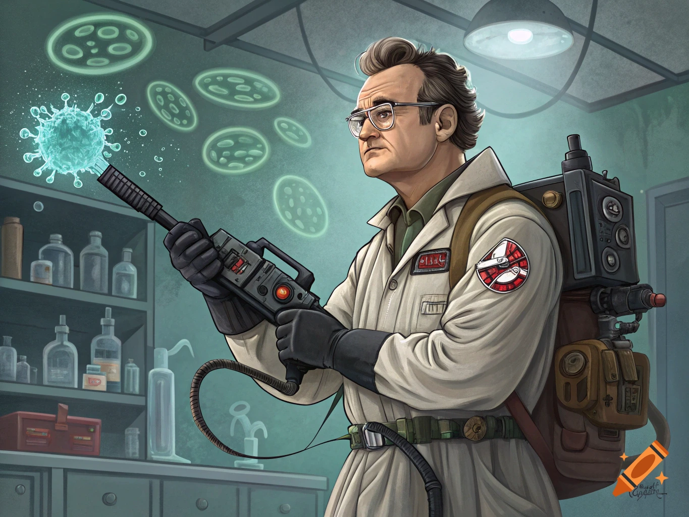 Cartoon illustration of Bill Murray as a Ghostbuster in a lab, aiming his proton gun at a glowing blue virus.