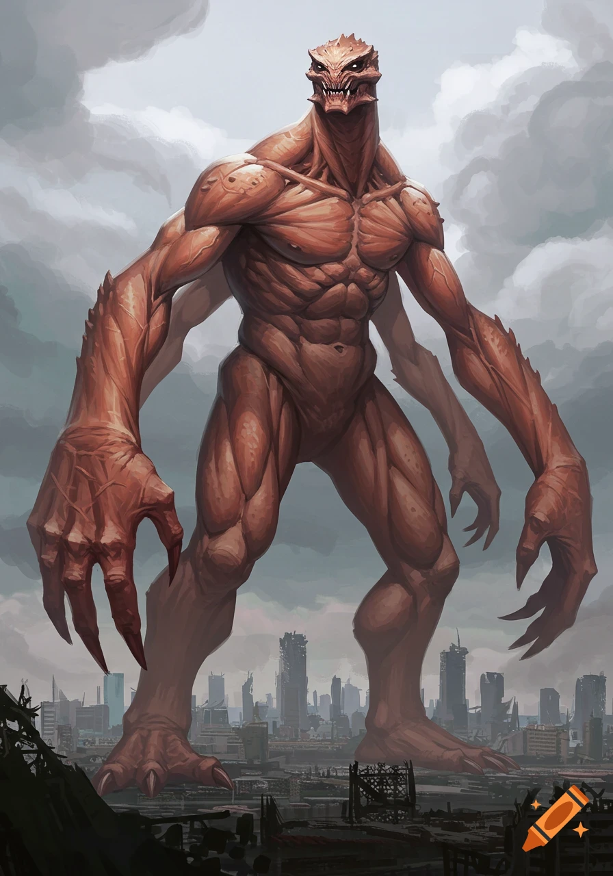 A giant, red, muscular, multi-limbed kaiju stands over a desolate, ruined city under a cloudy sky.