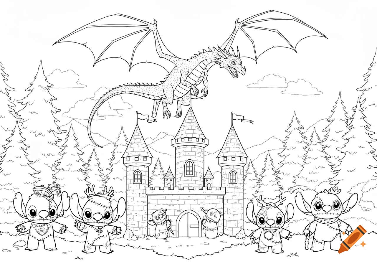 A black and white line-art coloring page featuring a dragon flying above a medieval castle, with cute stitched fabric monsters.