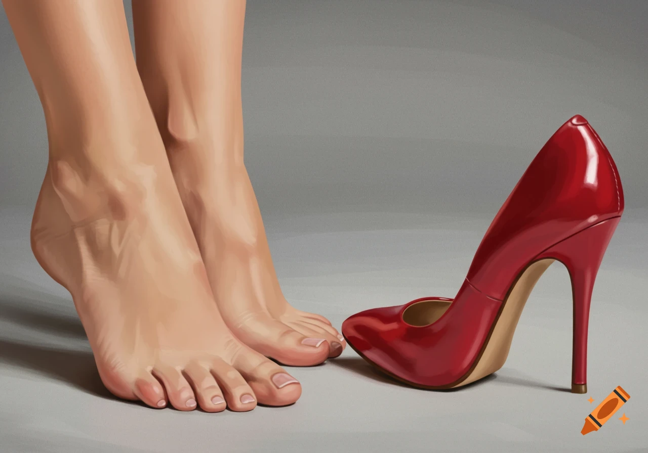 Bare feet stand next to a glossy red high-heeled shoe on a gray surface in a digital painting.