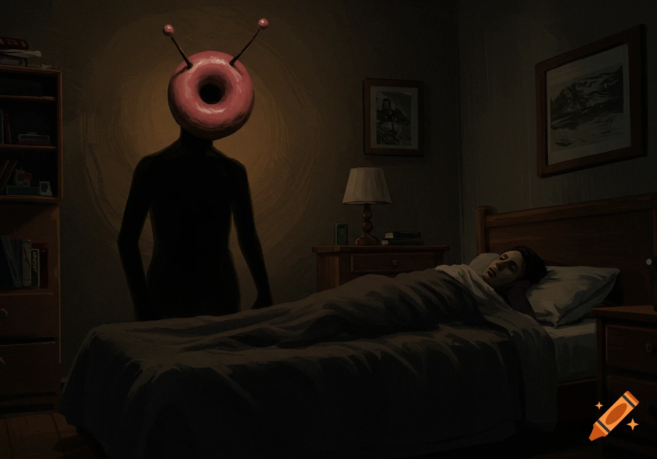 A dark bedroom scene: a silhouette figure with a donut head and antennae stands over a sleeping person in bed.