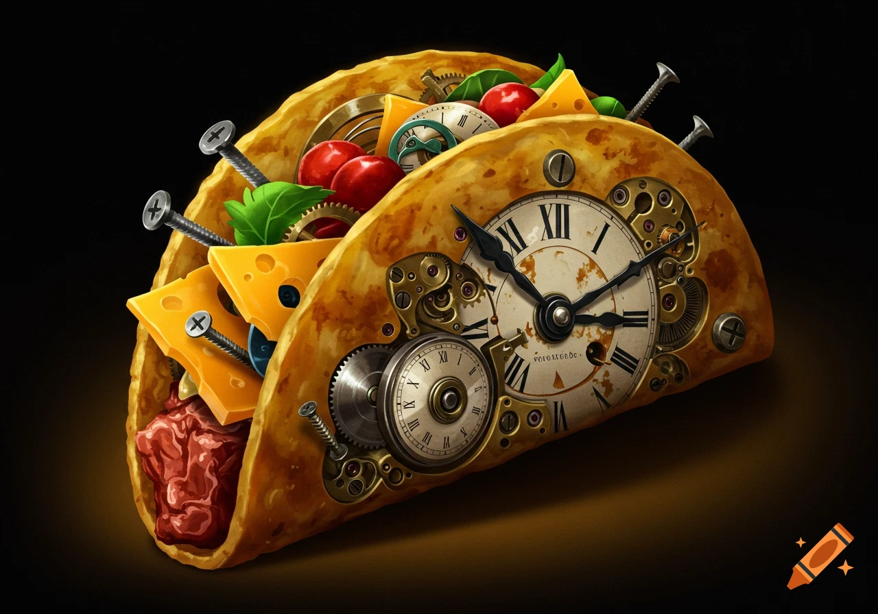 A close-up of a surreal taco made from clock parts, gears, and screws, with cheese, tomatoes, and meat-like textures spilling out, on a dark background.