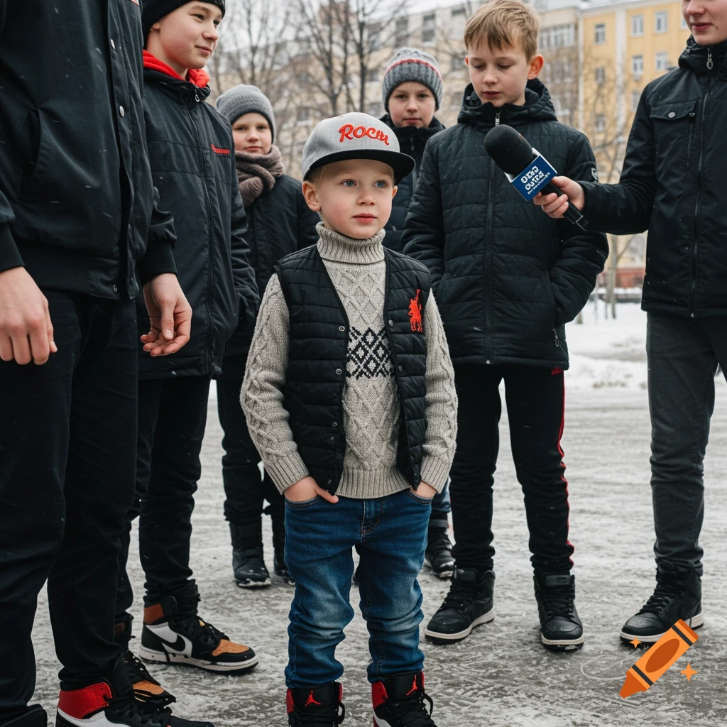 A young boy in a grey turtleneck, black vest, and baseball cap with hands in pockets, is interviewed by a teen holding a microphone, surrounded by other children in a snowy urban outdoor setting.