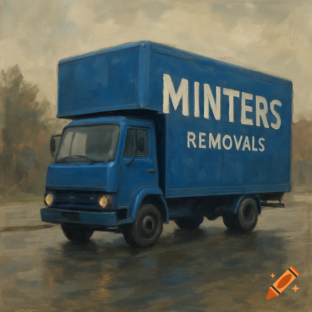 A blue removal truck with 'MINTERS REMOVALS' painted on its side, in a painterly style.