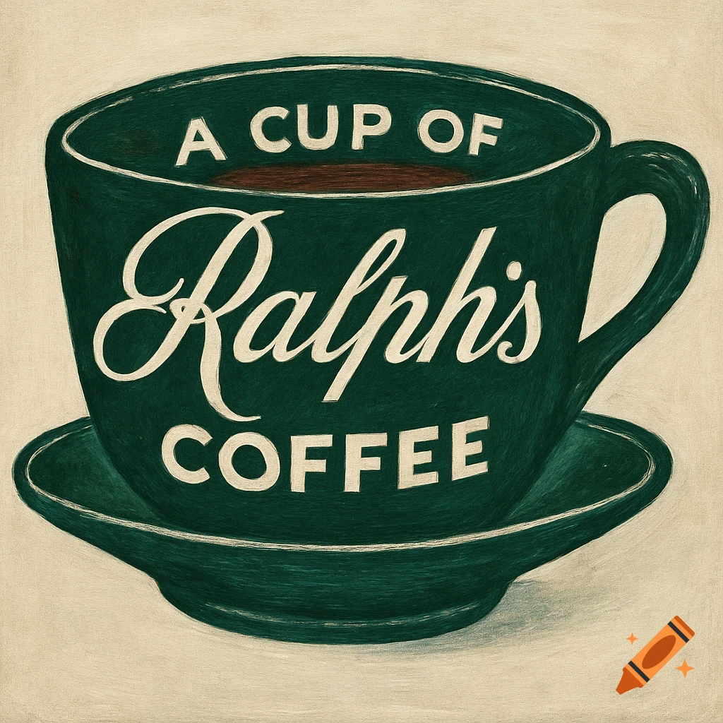 A vintage-style green coffee cup with "A CUP OF Ralph's COFFEE" written on it, on a matching saucer.