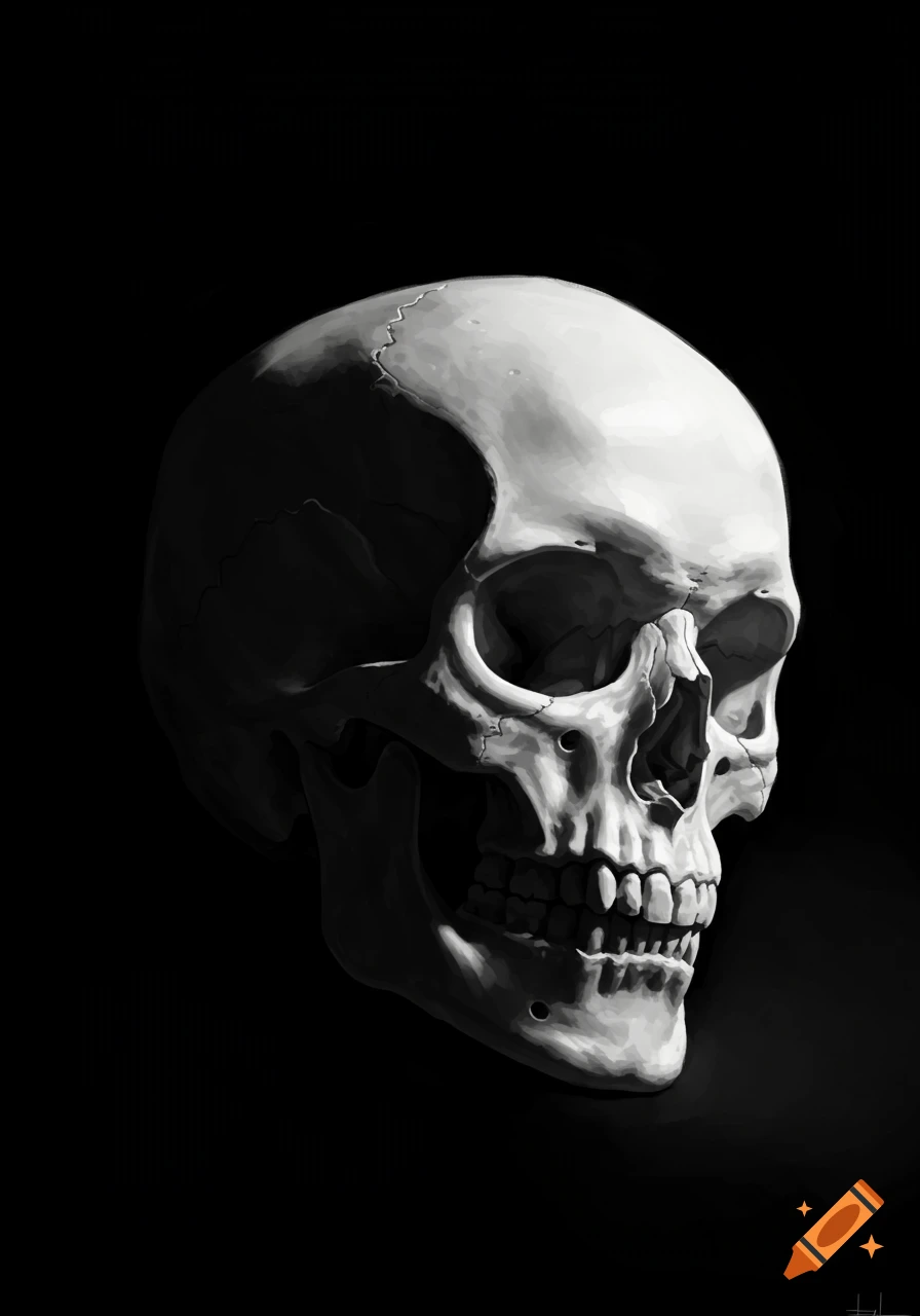 Realistic grayscale rendering of a human skull angled downwards with hard lighting against a black background.