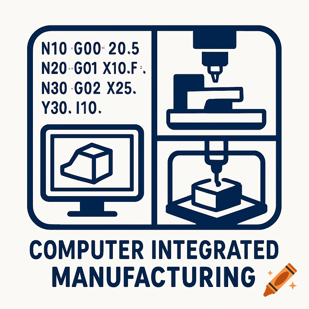 A logo for Computer Integrated Manufacturing featuring g-code, a CAD screen, a CNC machine, and a 3D printer icon in a blue and white design.