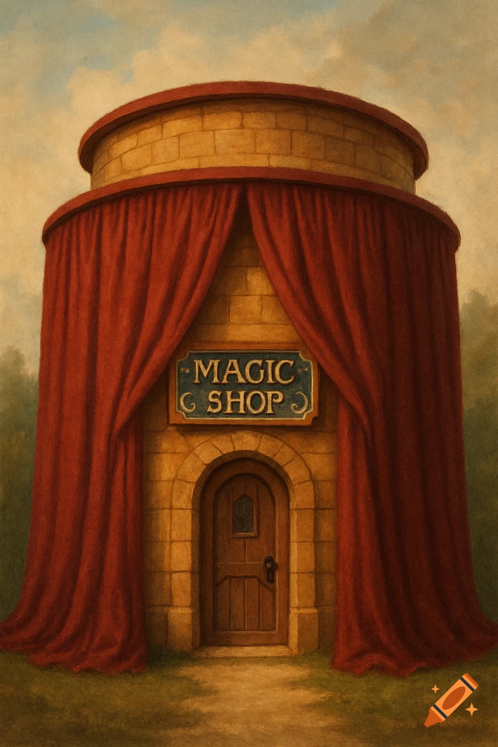 A whimsical, cylindrical magic shop building with an arched wooden door, a sign reading "MAGIC SHOP," and deep red curtains draped around its stone exterior.