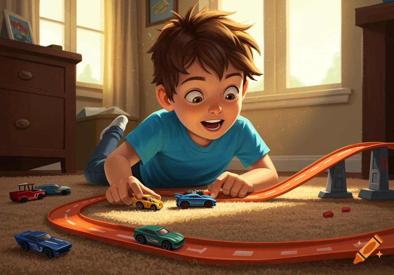 A young boy, illustrated in a cartoon style, plays with toy cars on an orange track on a carpeted floor in a sunlit room.
