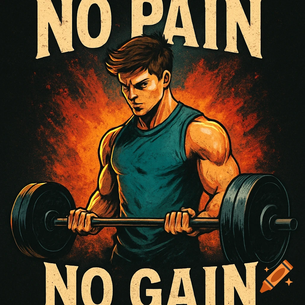 A muscular man in a blue tank top holds a barbell, with 'NO PAIN NO GAIN' text, against a fiery, grunge background.