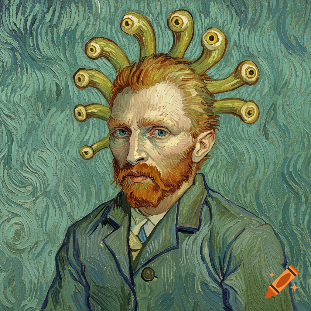 A self-portrait in Van Gogh's style, depicting him with multiple eye-stalks emerging from his head.