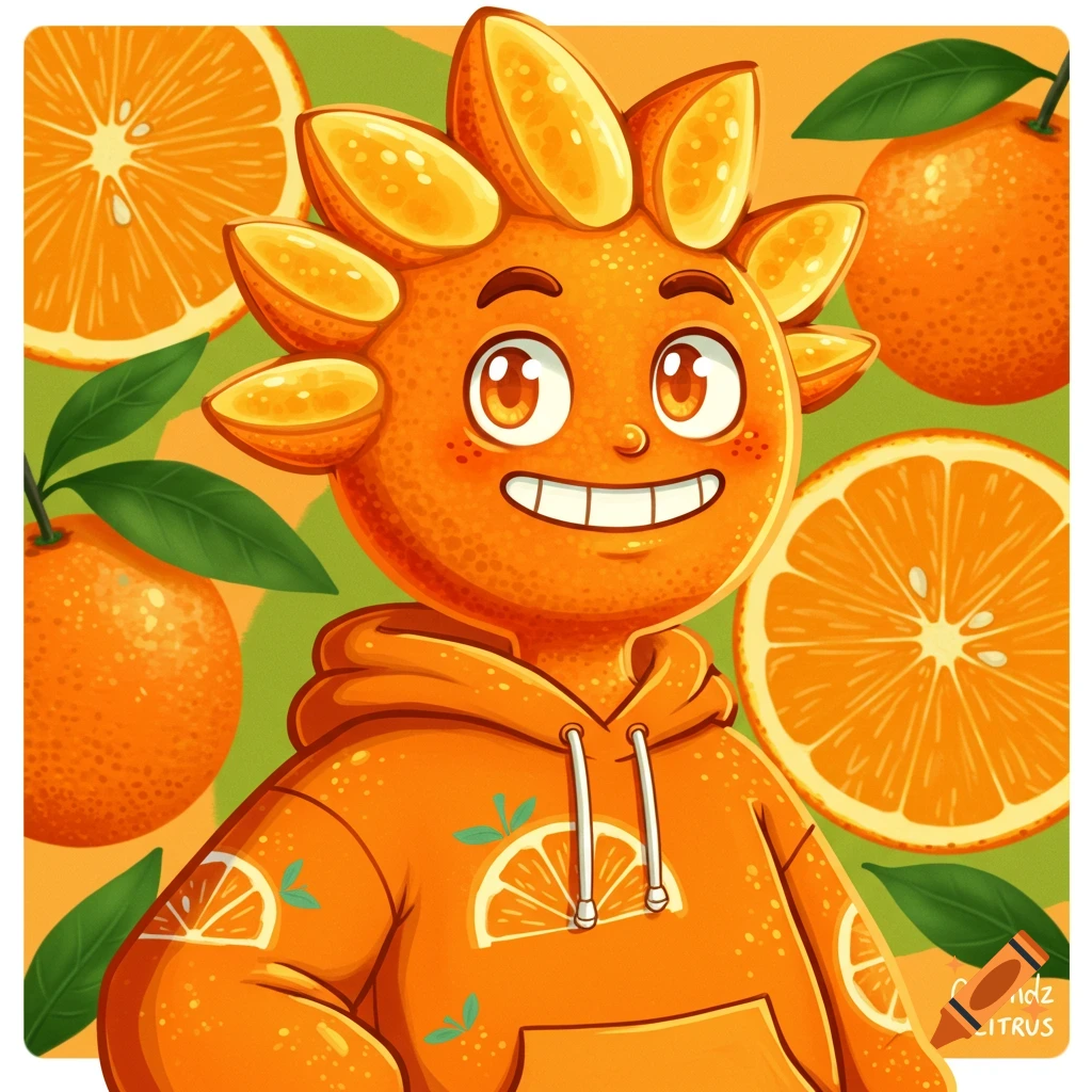 A cheerful cartoon orange character wearing an orange hoodie, surrounded by oranges and green leaves in a vibrant illustration style.
