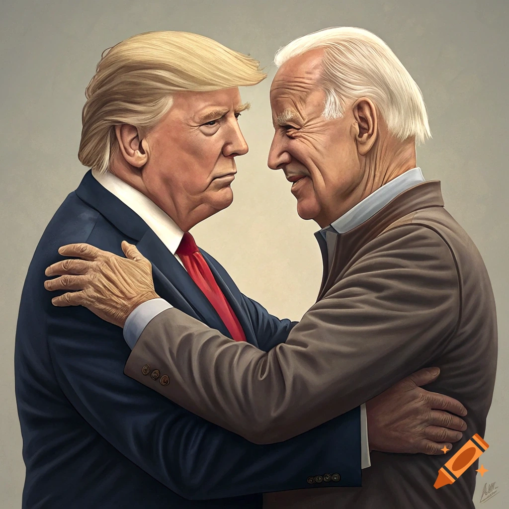 Painting of Donald Trump and Joe Biden facing each other closely, appearing to embrace.