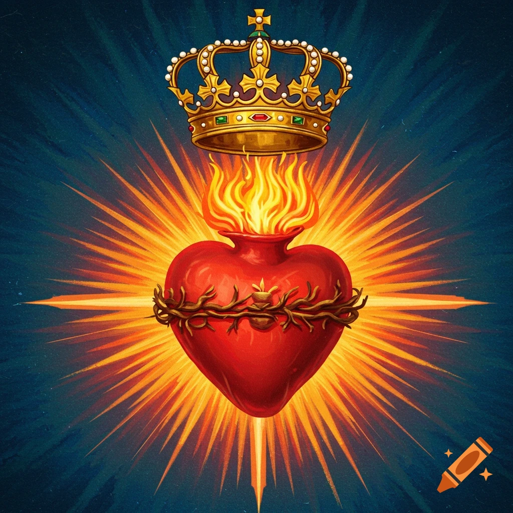 A stylized sacred heart wrapped in thorns, with flames rising from it, topped by a golden crown, against a radiant sunburst and dark blue background.
