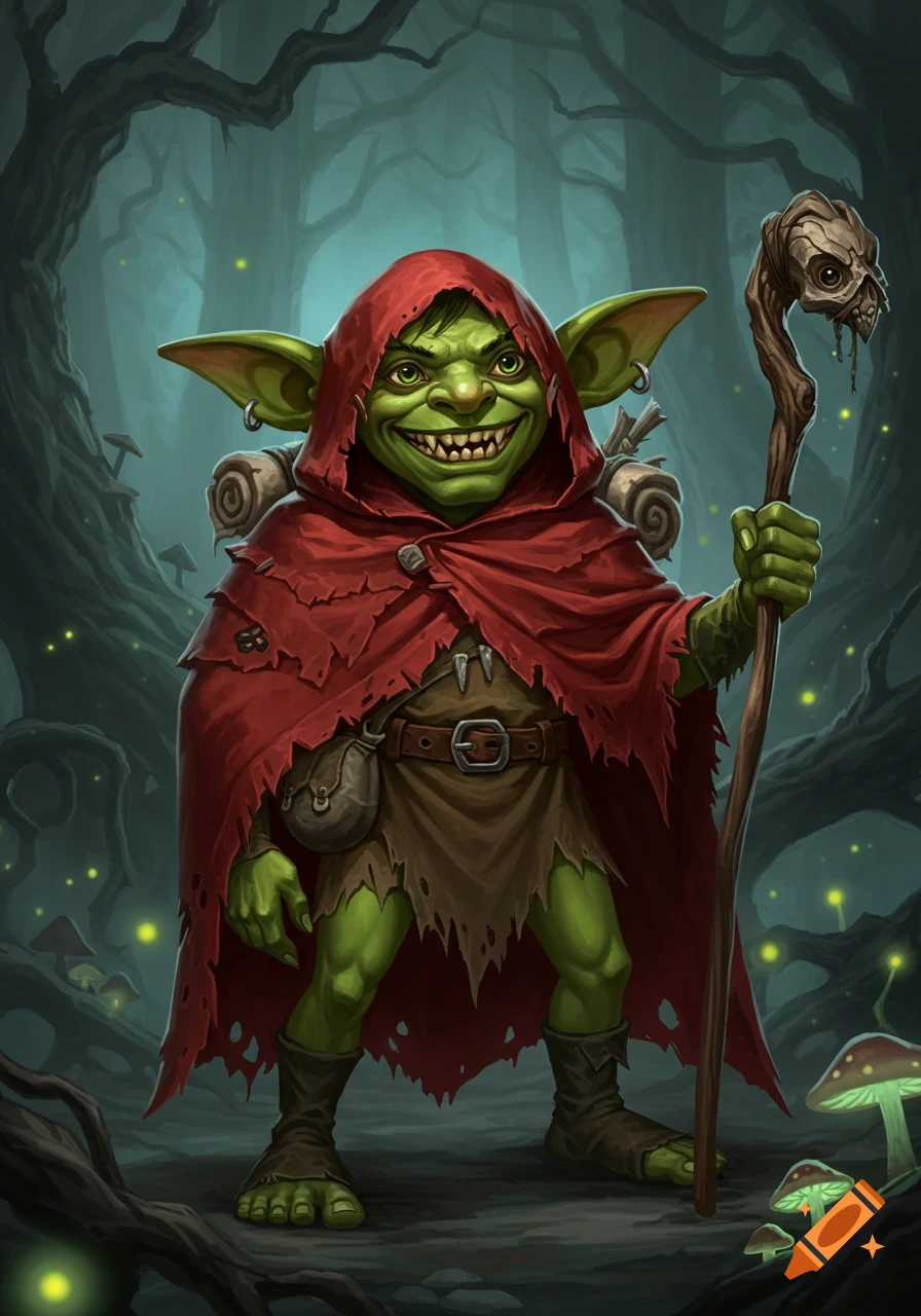 A grinning green goblin in a tattered red cloak holds a skull staff in a dark, magical forest with glowing mushrooms, digital art.