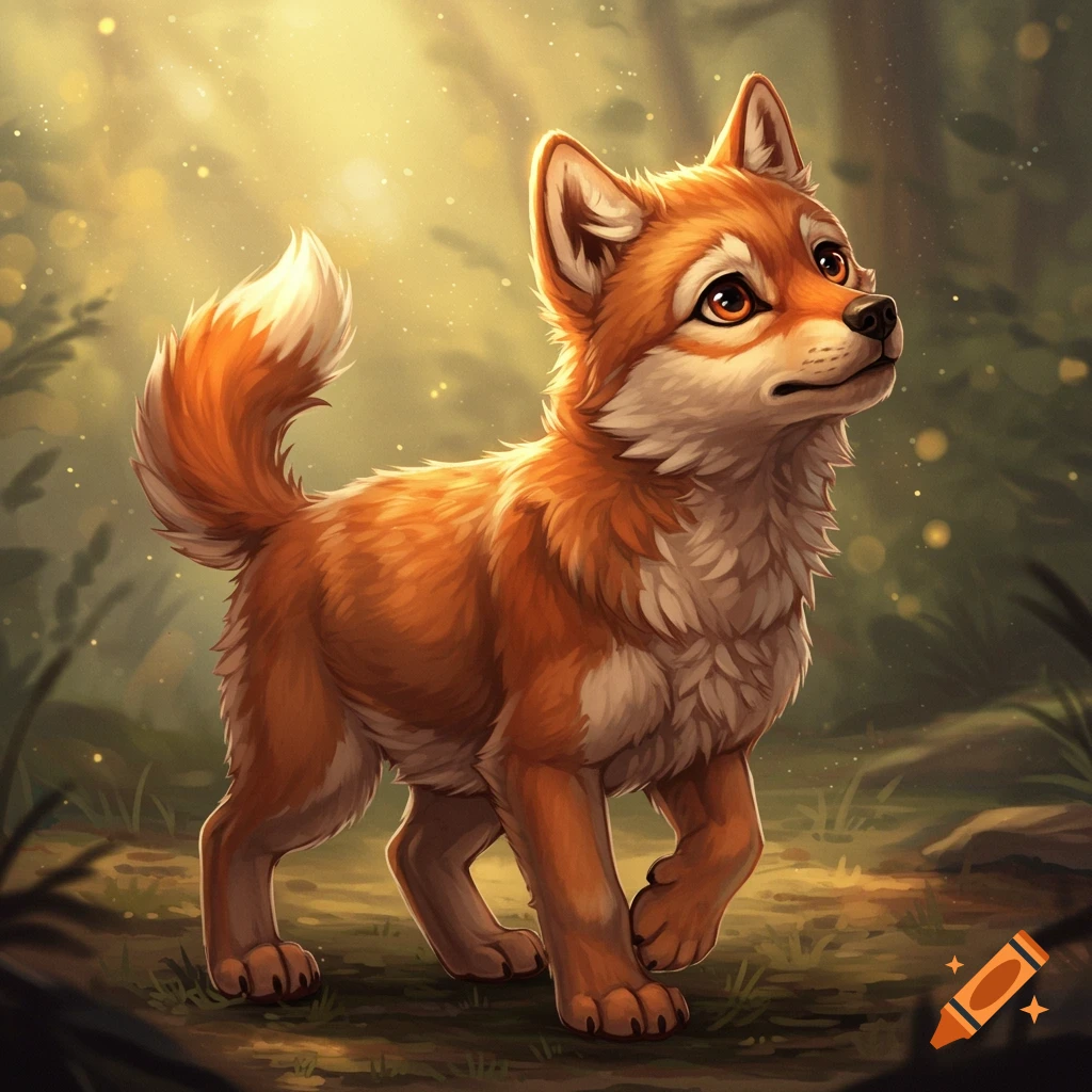 A cute, stylized orange and white wolf cub with large eyes stands in a sunlit forest.