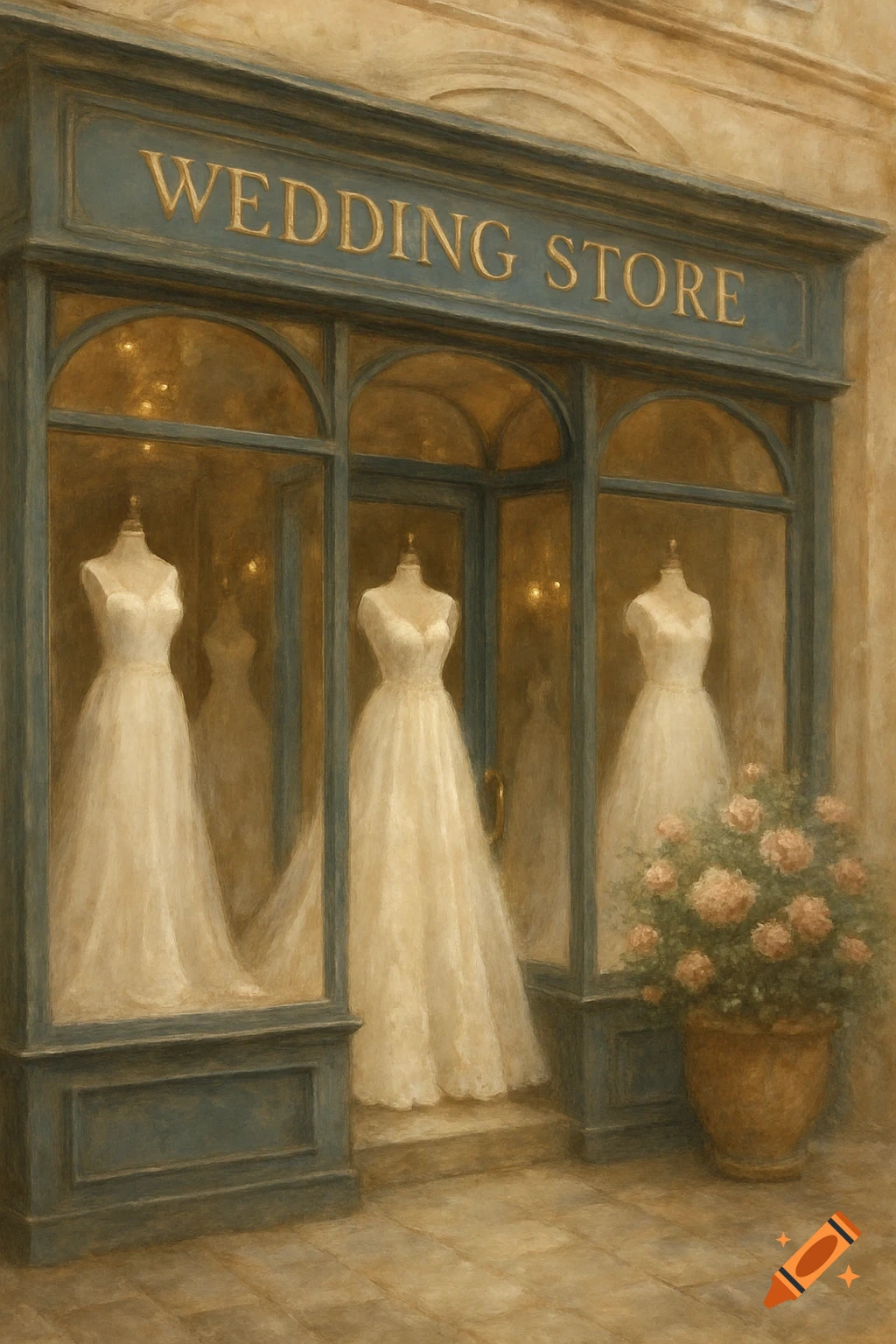 Vintage-style painting of a wedding store storefront with three white wedding dresses in windows, 'WEDDING STORE' sign, and potted pink roses.