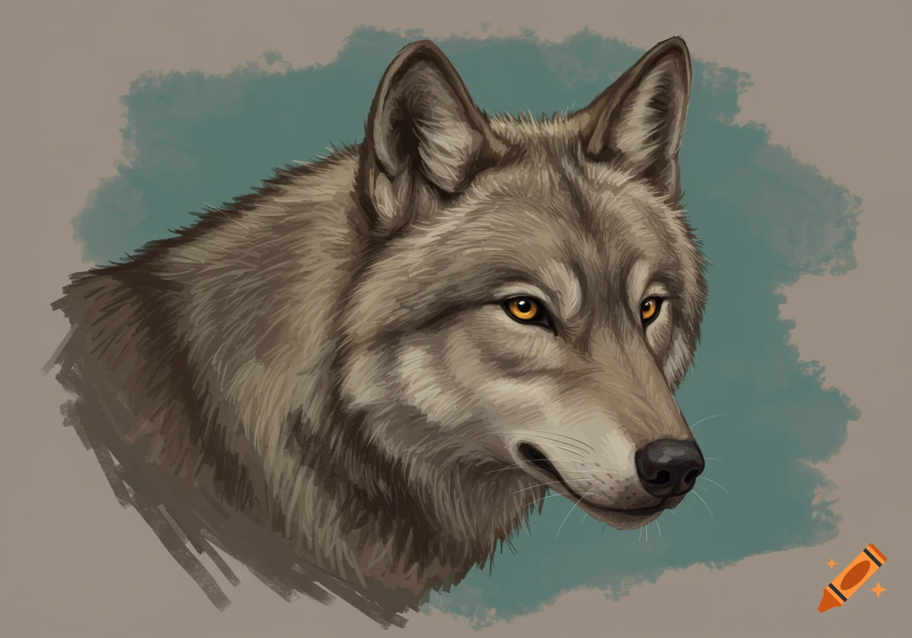 A digital painting of a gray wolf's head, looking to the right, with yellow eyes and a painterly teal and gray background.