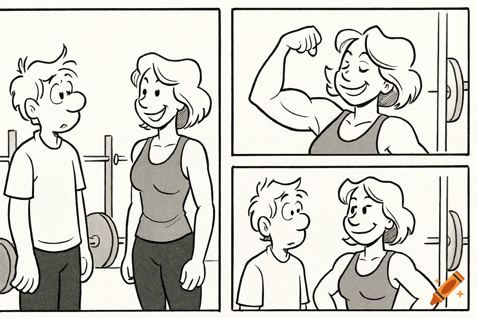 A black and white comic strip shows a man and woman at a gym. The woman flexes her muscular arm for the surprised man.