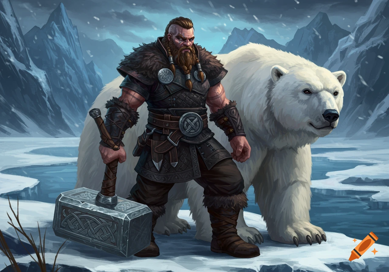 A muscular viking with a beard and warhammer stands beside a large polar bear in a snowy mountain landscape, digital painting.