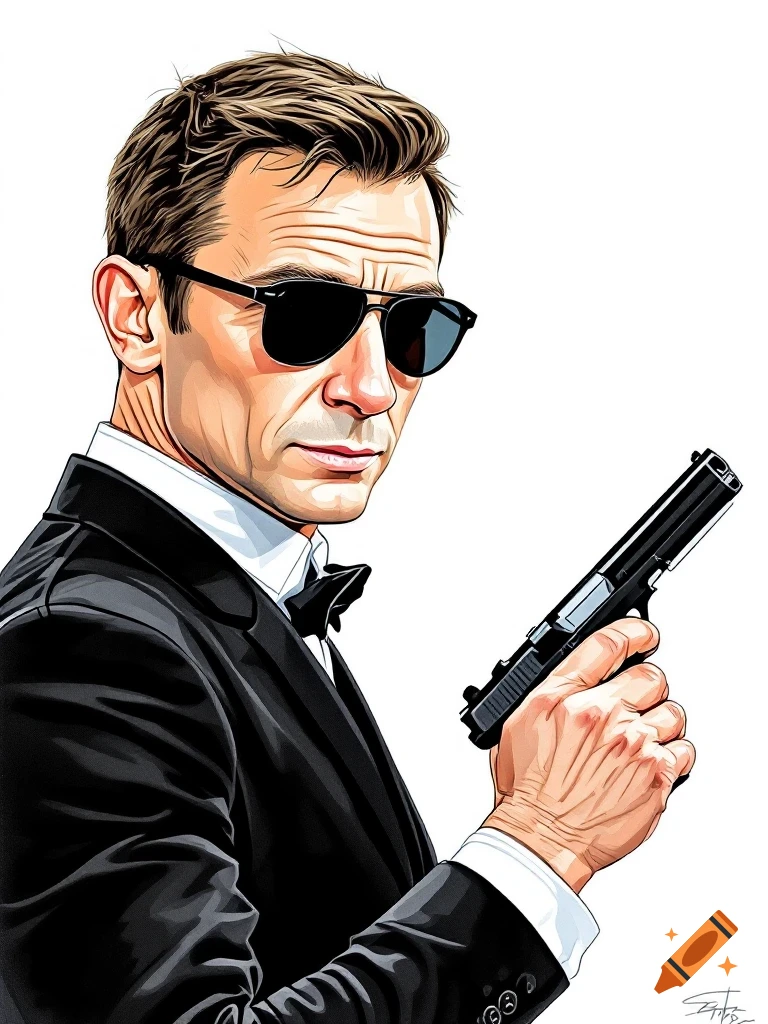 Stylized illustration of Daniel Craig as James Bond in a suit and sunglasses, holding a pistol.
