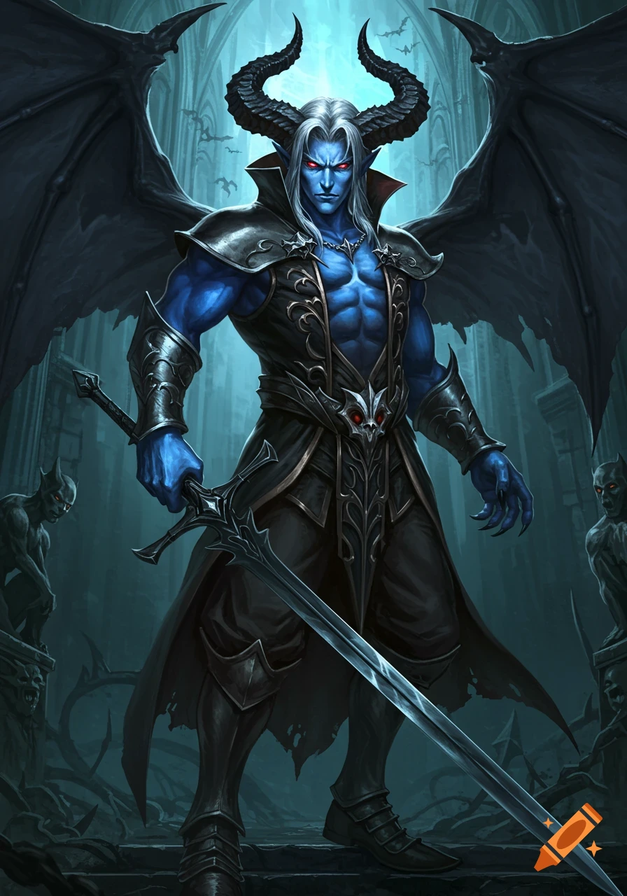 A blue-skinned demon lord with large horns, bat-like wings, and a black sword stands in a gothic cathedral.