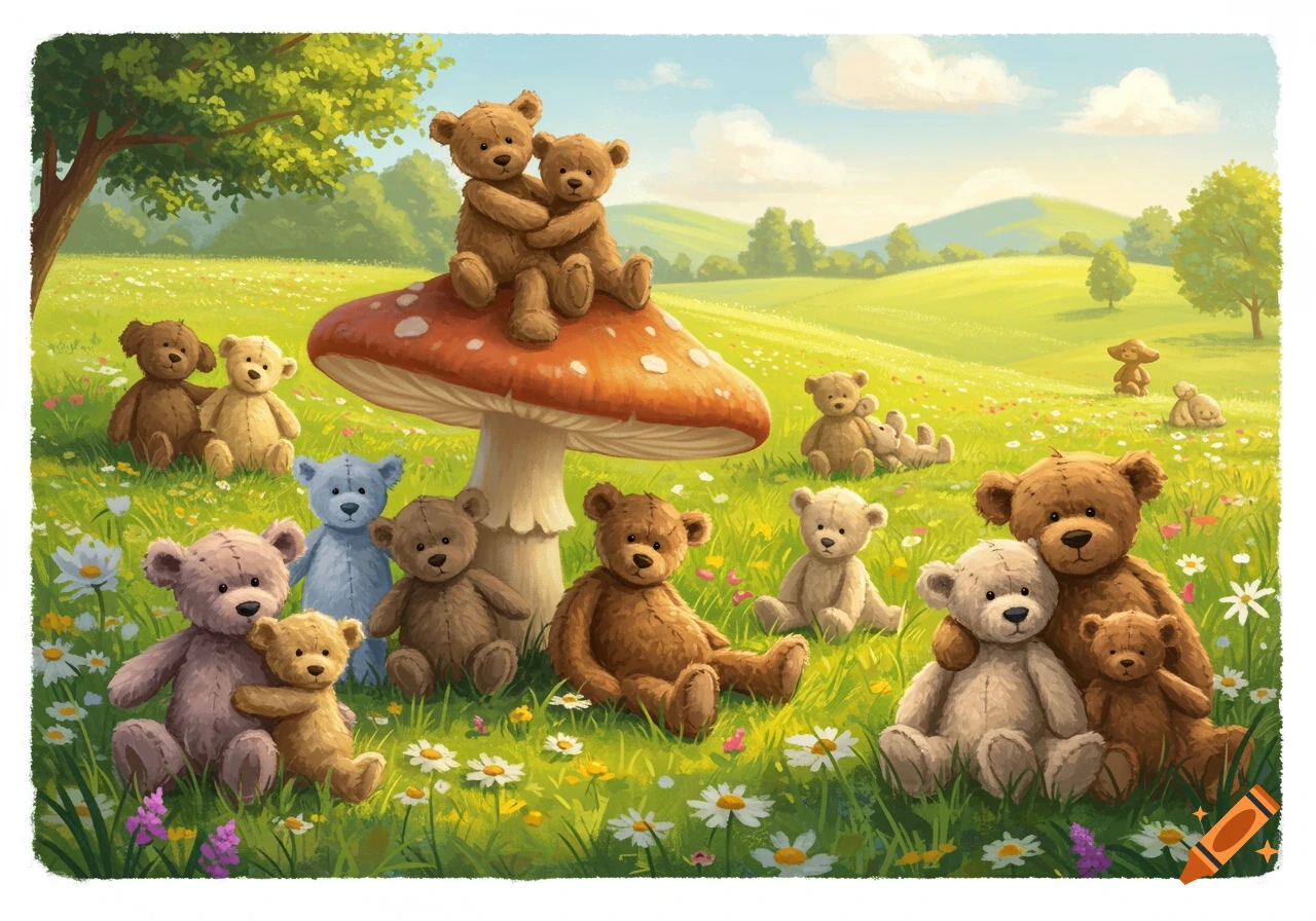 A whimsical illustration of numerous teddy bears gathered in a sunny, green meadow filled with wildflowers and a large red mushroom, under a blue sky.