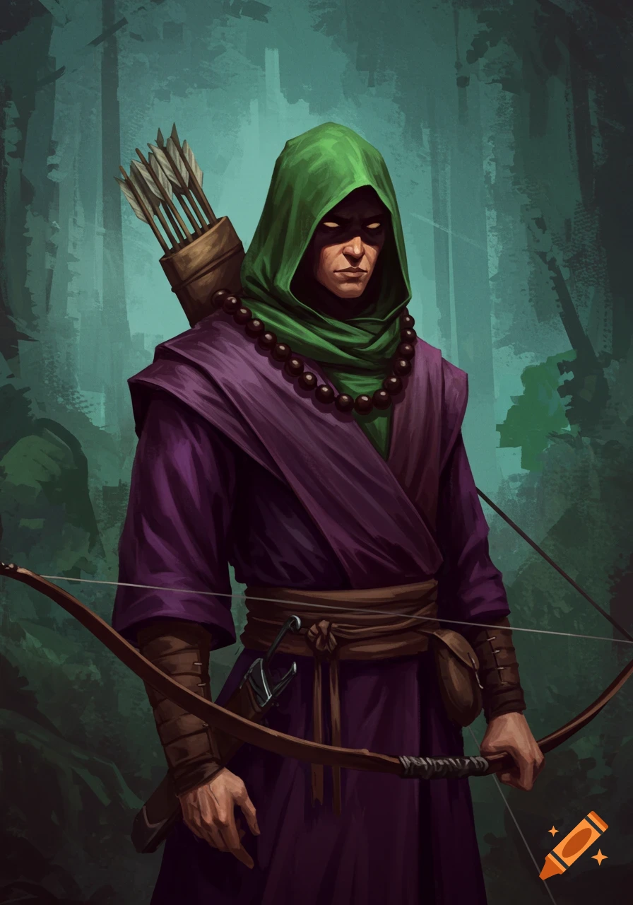 A mysterious warrior monk in a purple robe and green hood, holding a longbow, stands in a dark forest. Digital painting.