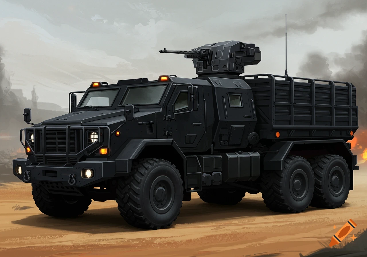 A black military gun truck with a mounted weapon on a sandy terrain under a cloudy sky.