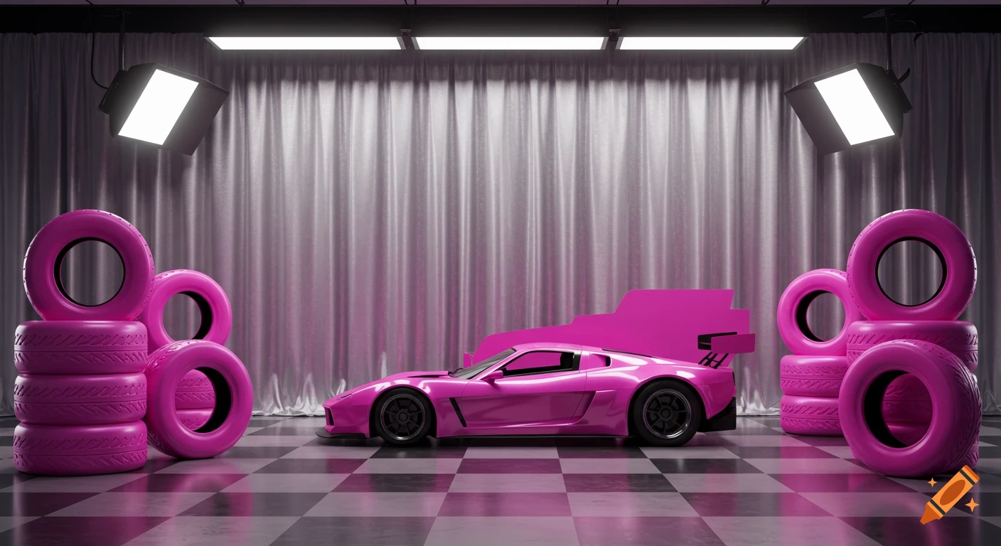 A hot pink race car on a checkered floor with pink tires and a silver curtain backdrop, illuminated by studio lights.