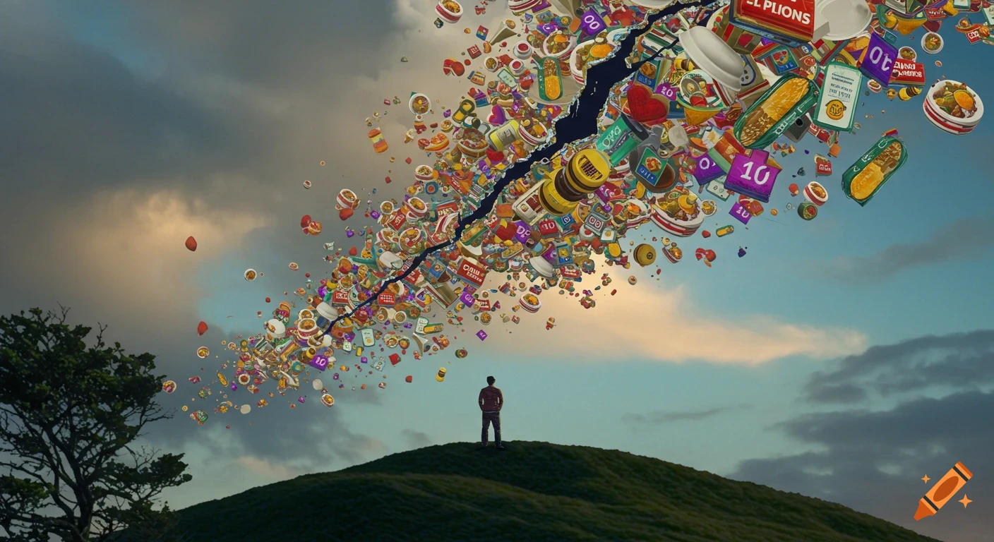 A man stands atop a green hill, looking up at a dramatic sky that has cracked open, spilling a colorful torrent of various objects like food, music, and commerce.
