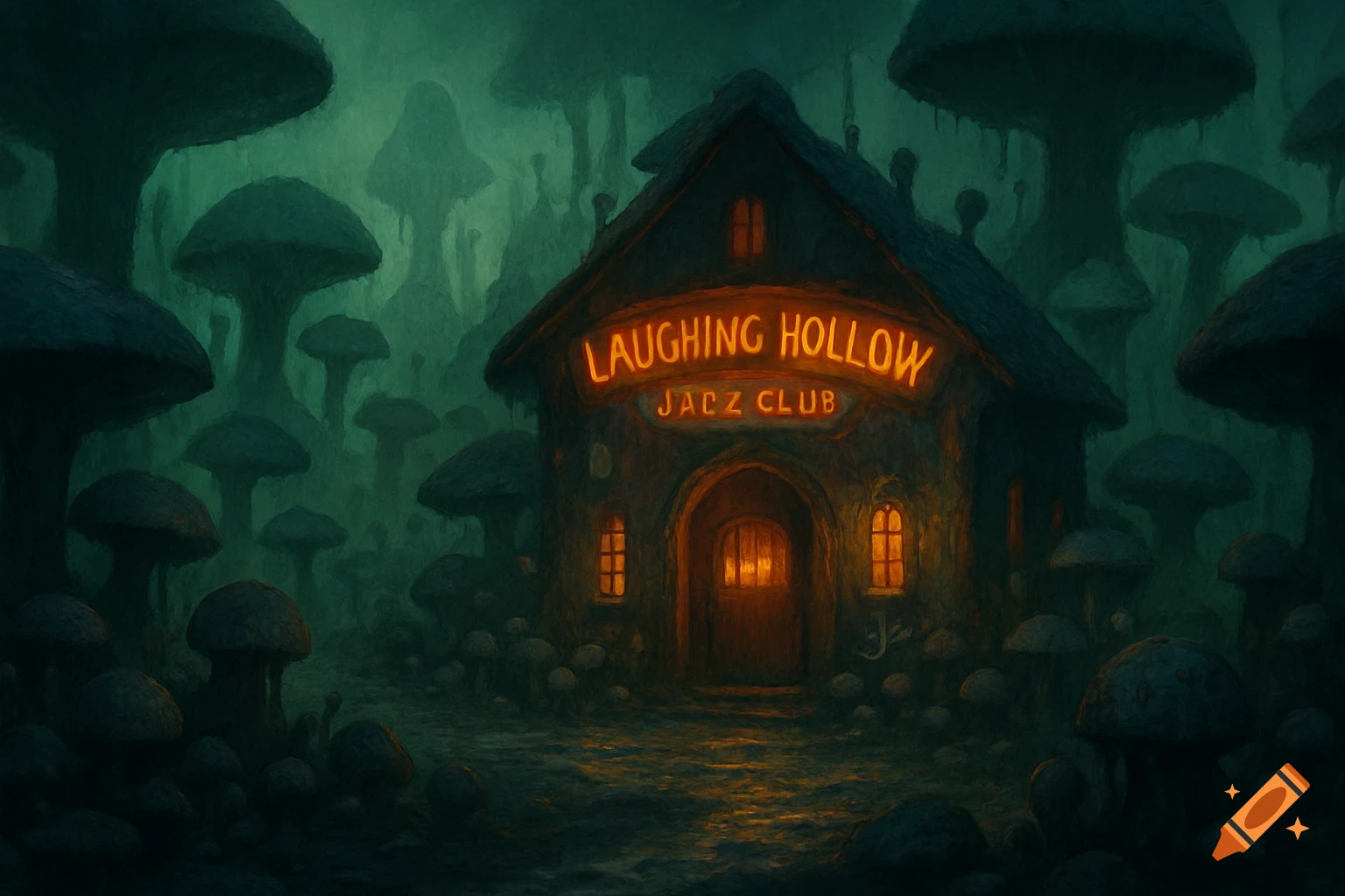 A dark, moody fantasy image of a glowing 'Laughing Hollow Jazz Club' building in a forest of giant mushrooms.